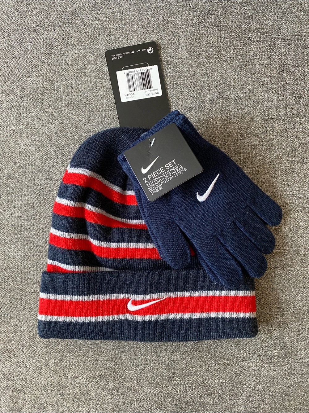 Nike Navy, Red & White Striped Knit Beanie and Gloves Set - Size Youth